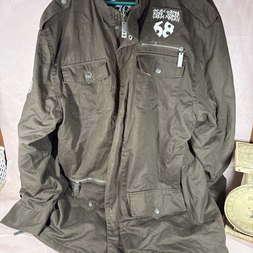 Blac Label Mens Jacket Gray Full Zip Military Patches Biker Eagle Punk Goth
